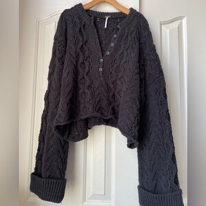 Free People Black Cable-Knit Henley Crop Sweater